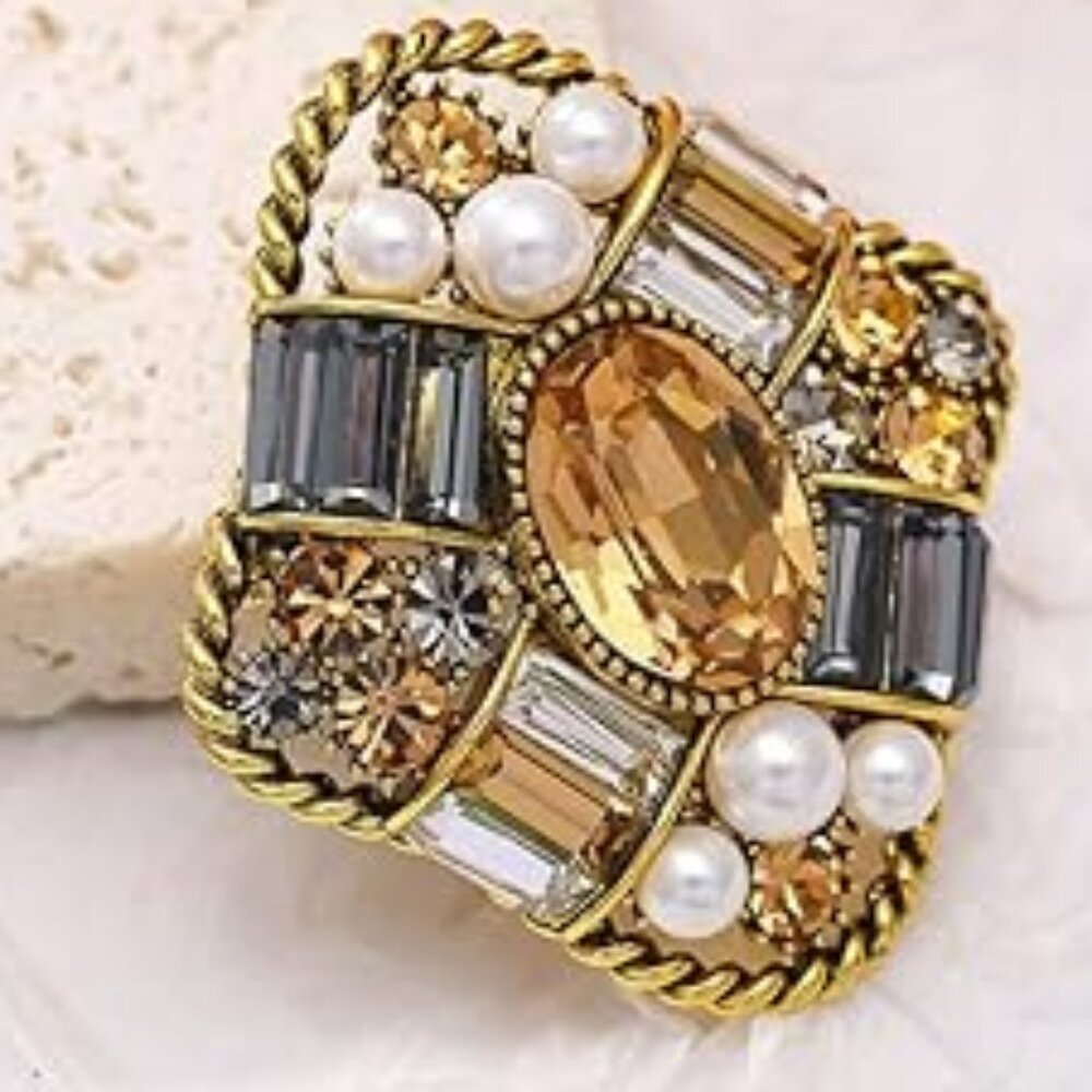 Baroque Square Brooch Pin Crystals and ‎ Pearls Geometry Lapel Pins